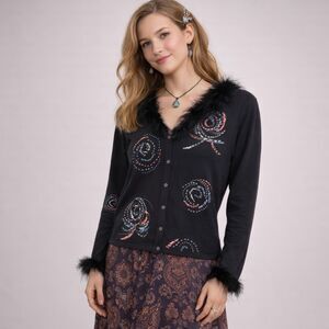 Tyler Boe Cashmere Silk Cardigan L Black Fur 70s Y2K Penny Lane Phoebe Boho